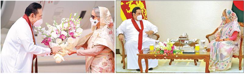 අග්රාමාත්ය මහින්ද රාජපක්ෂයන්, බංග්ලාදේශ අගමැතිනී ශෙයික් හසීනා විසින් මහත් හරසරින් පිළිගත් අයුරු (වමේ) සහ දෙරටේ අගමැතිවරුන් ද්විපාර්ශ්වික සාකච්ඡා පැවැත්වූ අයුරු (දකුණේ)