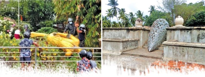 තංගල්ලේ ඩී.ඒ.රාජපක්ෂ ස්මාරකය විනාශ කර ඇති අයුරු සහ මැදමුලනේ තිබූ ඩී.ඒ.රාජපක්ෂ හා දන්දිනා දිසානායක ස්මාරකය කඩා දමා ඇති අයුරු