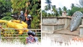 තංගල්ලේ ඩී.ඒ.රාජ­පක්ෂ  ස්මාර­කය විනාශ කර ඇති අයුරු  සහ මැදමුලනේ තිබූ ඩී.ඒ.රාජ­පක්ෂ හා දන්දිනා දිසා­නා­යක ස්මාර­කය කඩා දමා ඇති අයුරු